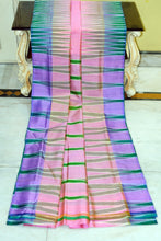 Bishnupuri Double Ikkat Pure Silk Saree in Powder Pink, Purple, Emerald Green and Off White