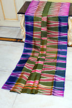 Bishnupuri Double Ikkat Pure Silk Saree in Military Green, Blue Jay, Raspberry Pink and Off White