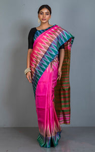 Bishnupuri Double Ikkat Pure Silk Saree in Rose Pink, Green and Multicolored 