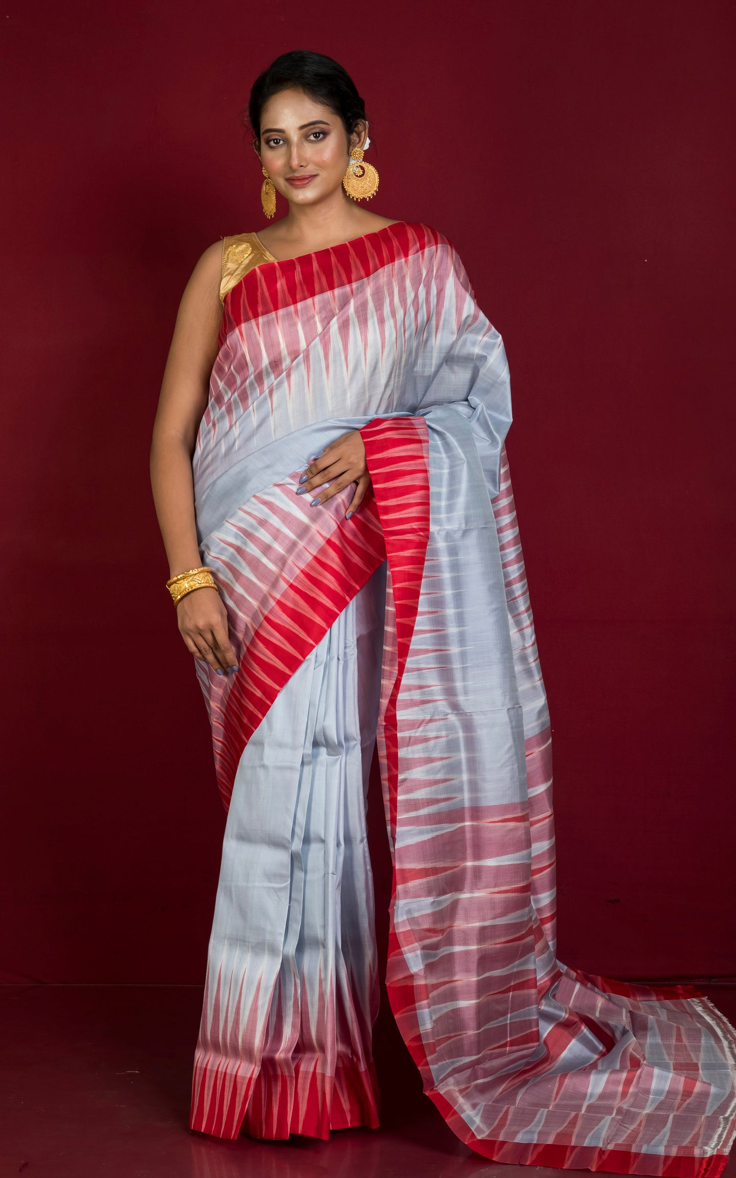 Bishnupuri Double Ikkat Pure Silk Saree in Ash, Red and Off White
