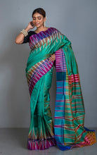 Bishnupuri Double Ikkat Pure Silk Saree in Myrtle Green, Magenta, Brown and Off White