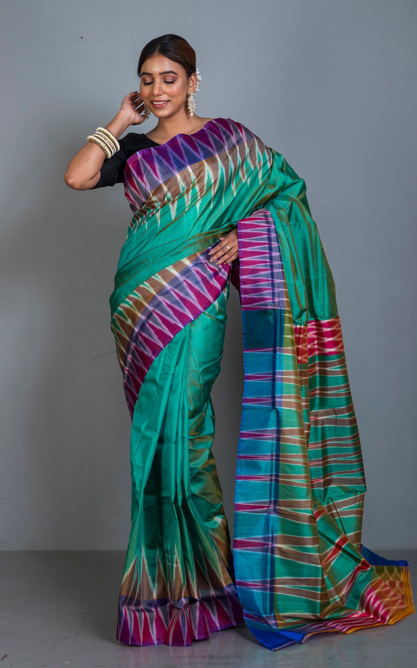 Bishnupuri Double Ikkat Pure Silk Saree in Myrtle Green, Magenta, Brown and Off White