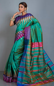 Bishnupuri Double Ikkat Pure Silk Saree in Myrtle Green, Magenta, Brown and Off White