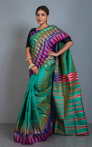 Bishnupuri Double Ikkat Pure Silk Saree in Myrtle Green, Magenta, Brown and Off White