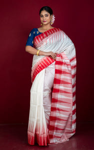 Bishnupuri Double Ikkat Pure Silk Saree in White and Red 