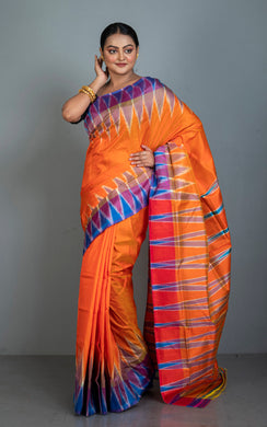 Bishnupuri Double Ikkat Pure Silk Saree in Orange, Blue, Purple and Red