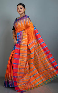 Bishnupuri Double Ikkat Pure Silk Saree in Orange, Blue, Purple and Red