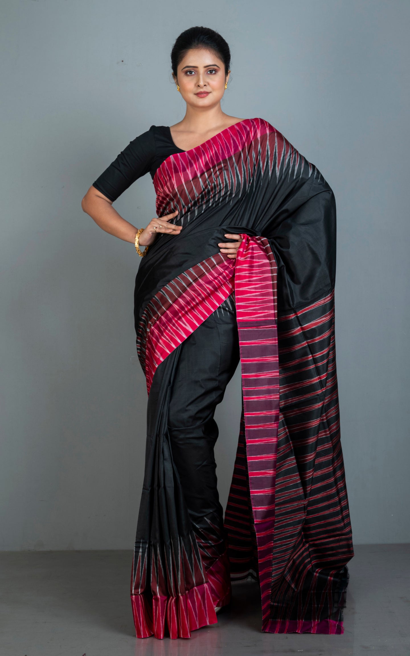 Bishnupuri Double Ikkat Pure Silk Saree in Black, Red and Off White