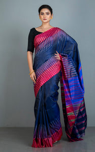 Bishnupuri Double Ikkat Pure Silk Saree in Prussian Blue, Red and Off White