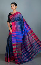 Bishnupuri Double Ikkat Pure Silk Saree in Prussian Blue, Red and Off White