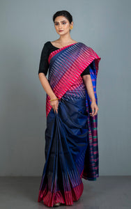 Bishnupuri Double Ikkat Pure Silk Saree in Prussian Blue, Red and Off White