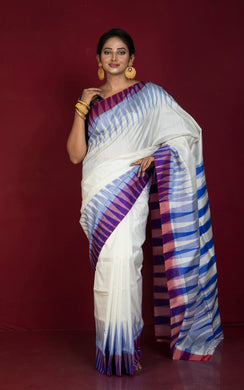 Bishnupuri Double Ikkat Pure Silk Saree in Off White, Royal Blue and Diffuse Purple