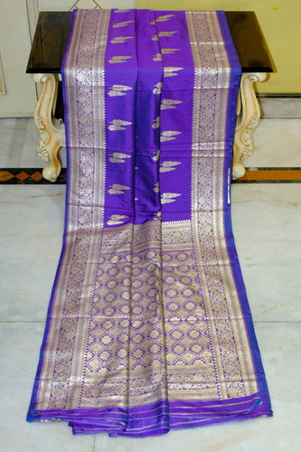Traditional Woven Tiifi Tree Butta Katan Silk Sari in Purple Heart and Antique Golden