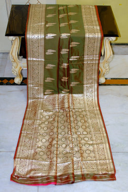 Traditional Woven Tiifi Tree Butta Katan Silk Sari in Rifle Green and Antique Golden