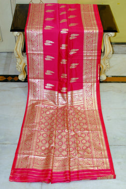 Traditional Woven Tiifi Tree Butta Katan Silk Sari in Raspberry and Antique Golden