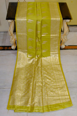 Traditional Woven Tiifi Tree Butta Katan Silk Sari in Tea Green and Antique Golden