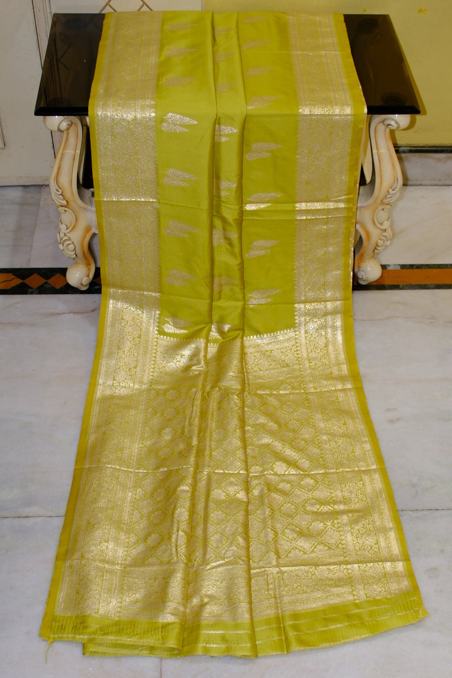 Traditional Woven Tiifi Tree Butta Katan Silk Sari in Tea Green and Antique Golden