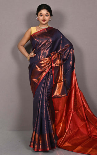 Tanchui Copper Zari Nakshi Woven Brocade Kanjivaram Silk Saree in Ink Blue and Red