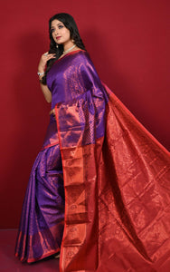 Tanchui Copper Zari Nakshi Woven Brocade Kanjivaram Silk Saree in Purple and Red