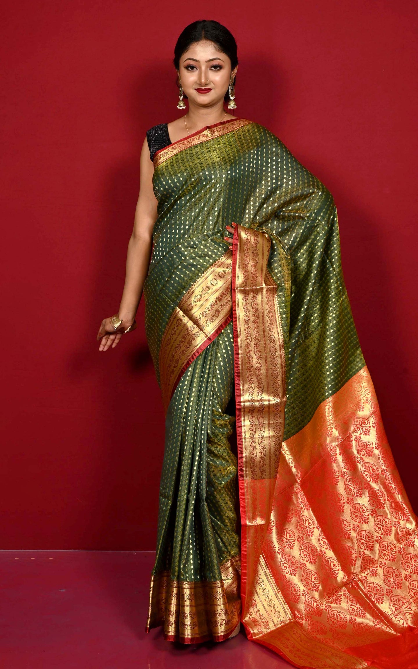 Tanchui Brocade Kanjivaram Silk Saree in Dark Olive Green and Red