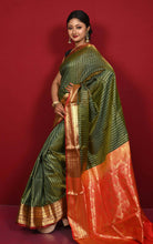 Tanchui Brocade Kanjivaram Silk Saree in Dark Olive Green and Red