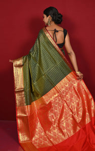 Tanchui Brocade Kanjivaram Silk Saree in Dark Olive Green and Red