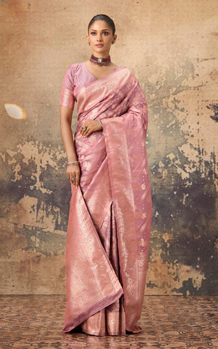 Aara Nakshi Work Designer Katan Silk Banarasi Saree in Ruddy Pink and Antique Golden Zari Nakshi Work