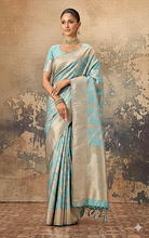 Aara Nakshi Work Designer Katan Silk Banarasi Saree in Arctic Blue and Antique Golden Zari Nakshi Work
