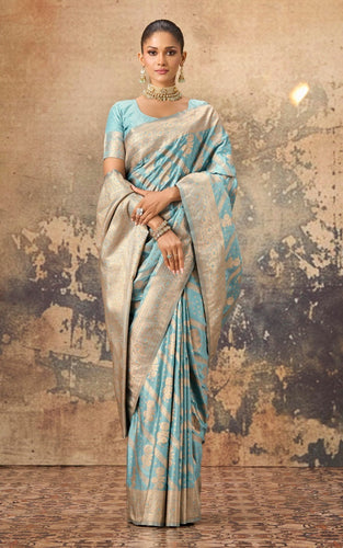 Aara Nakshi Work Designer Katan Silk Banarasi Saree in Arctic Blue and Antique Golden Zari Nakshi Work