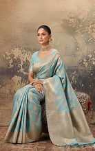 Aara Nakshi Work Designer Katan Silk Banarasi Saree in Arctic Blue and Antique Golden Zari Nakshi Work