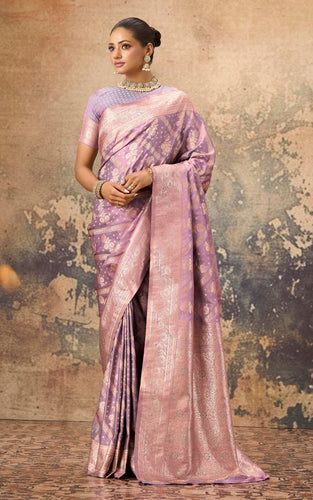Aara Nakshi Work Designer Katan Silk Banarasi Saree in Dusky Purple and Antique Golden Zari Nakshi Work