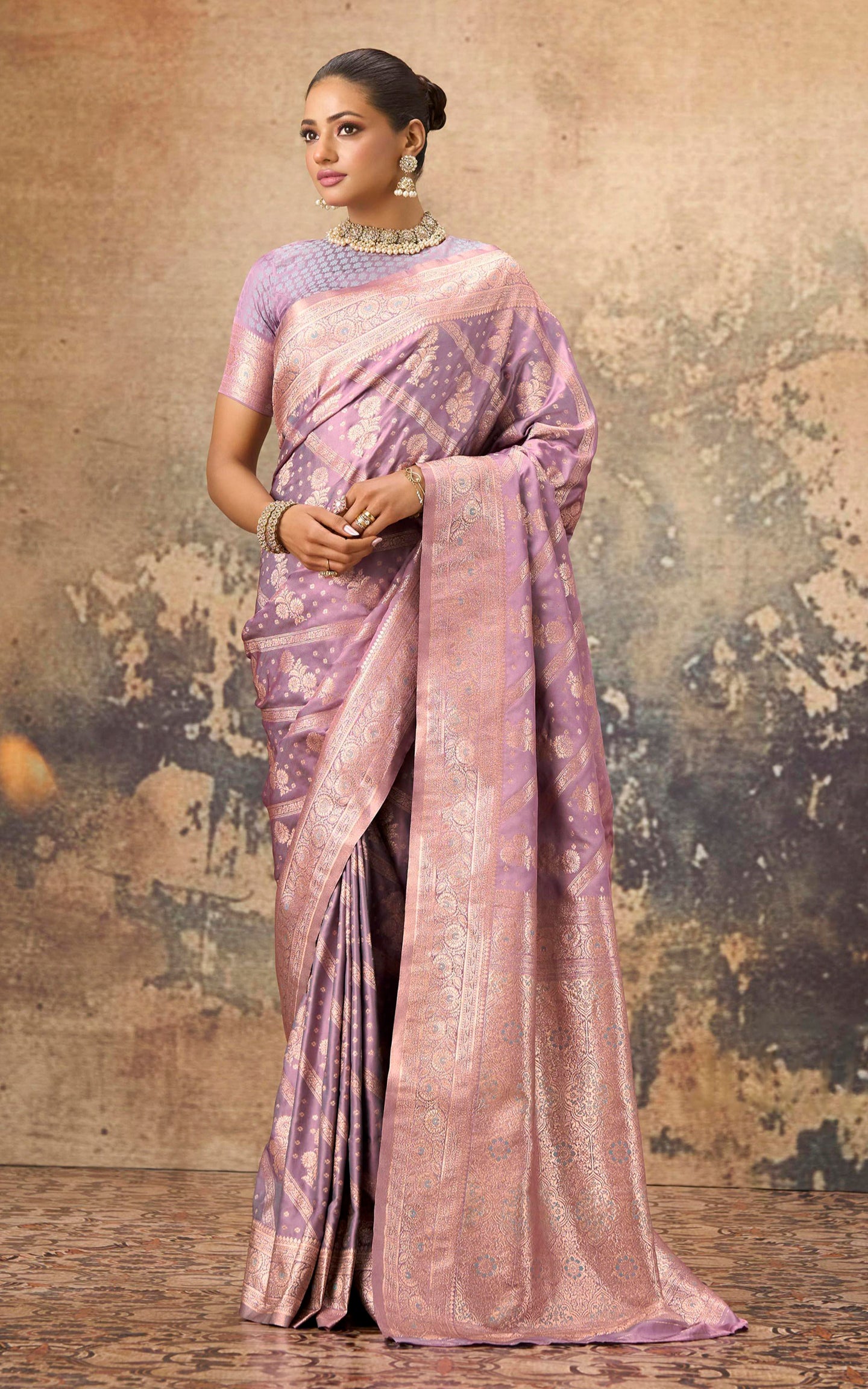 Aara Nakshi Work Designer Katan Silk Banarasi Saree in Dusky Purple and Antique Golden Zari Nakshi Work