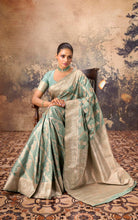 Aara Nakshi Work Designer Katan Silk Banarasi Saree in Summer Green and Antique Golden Zari Nakshi Work