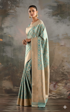 Floral Jaal Nakshi Work Designer Katan Silk Banarasi Saree in Pale Blue Lily and Antique Golden Zari Nakshi Work