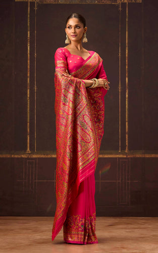 Position Print Thread Work Designer Soft Kani Silk Saree in Raspberry Pink, Antique Golden and Multicolored