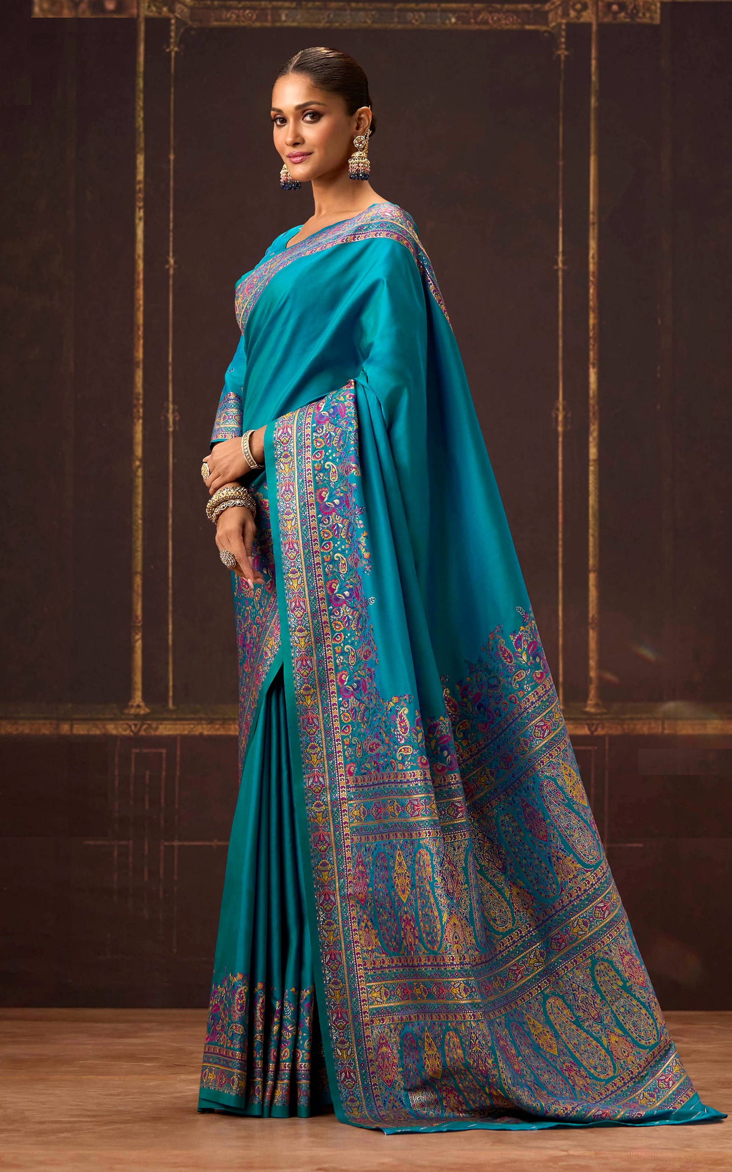 Position Print Thread Work Designer Soft Kani Silk Saree in Dark Teal, Antique Golden and Multicolored