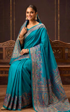 Position Print Thread Work Designer Soft Kani Silk Saree in Dark Teal, Antique Golden and Multicolored