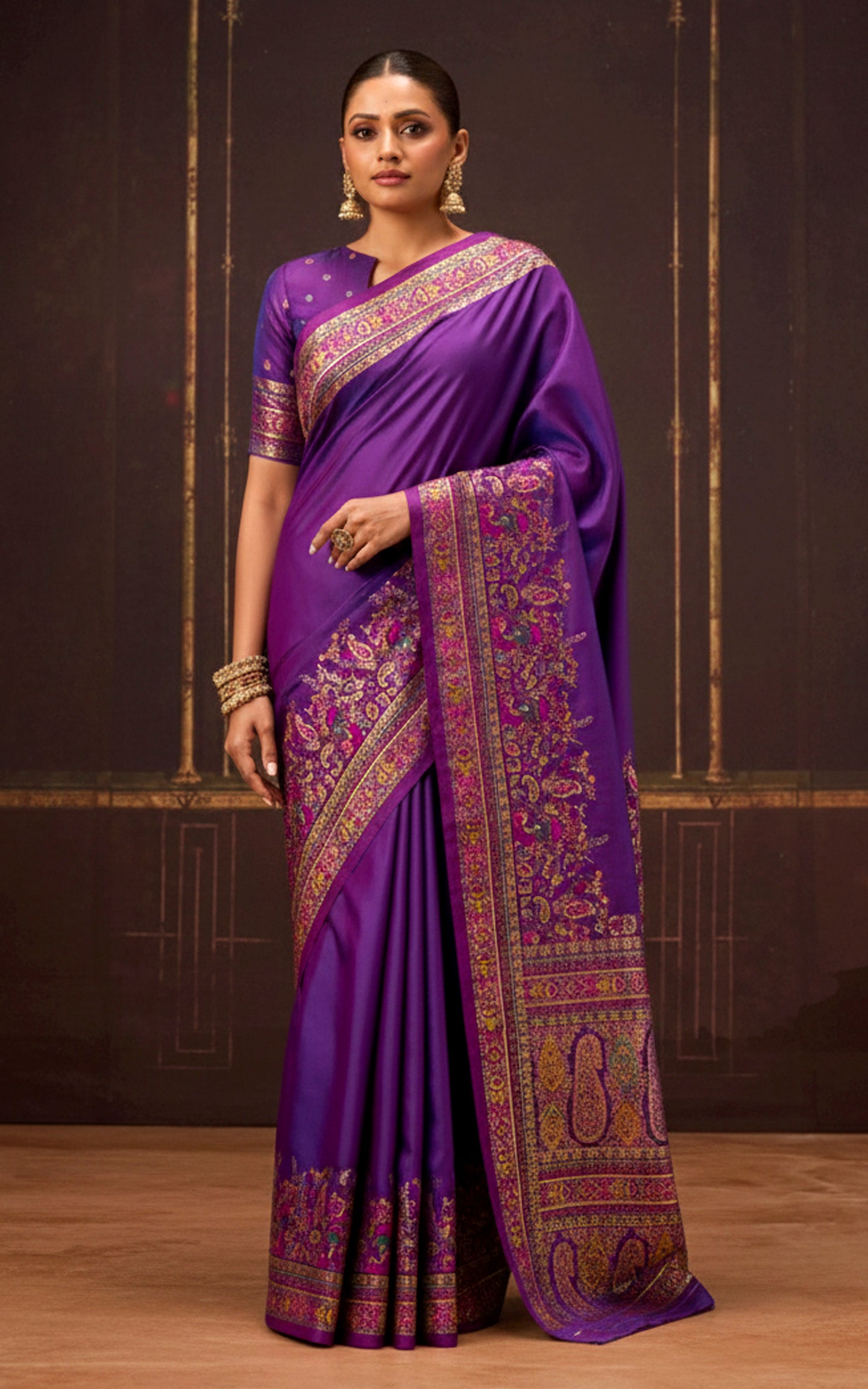 Position Print Thread Work Designer Soft Kani Silk Saree in Warm Purple, Antique Golden and Multicolored