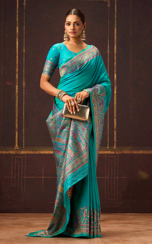 Position Print Thread Work Designer Soft Kani Silk Saree in Sea Green, Antique Golden and Multicolored