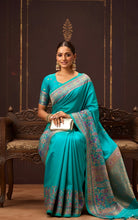 Position Print Thread Work Designer Soft Kani Silk Saree in Sea Green, Antique Golden and Multicolored