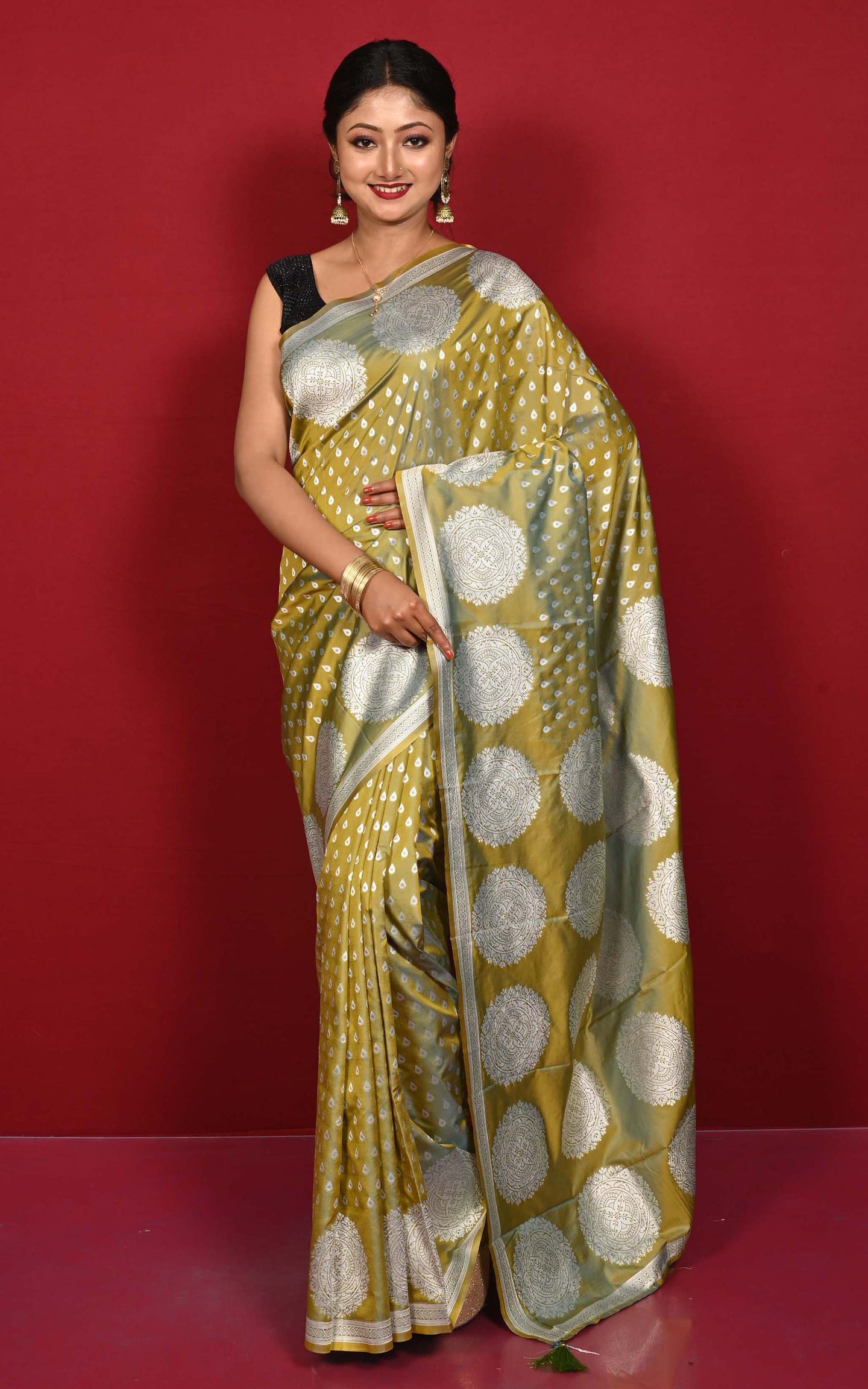 Traditional Hazar Butti and Chakram Border Nakshi Motif Work Softy Katan Silk Sari in Olive Green and Matt Silver