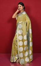 Traditional Hazar Butti and Chakram Border Nakshi Motif Work Softy Katan Silk Sari in Olive Green and Matt Silver