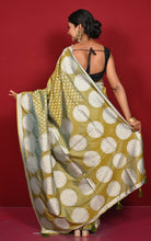 Traditional Hazar Butti and Chakram Border Nakshi Motif Work Softy Katan Silk Sari in Olive Green and Matt Silver