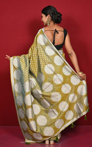 Traditional Hazar Butti and Chakram Border Nakshi Motif Work Softy Katan Silk Sari in Olive Green and Matt Silver