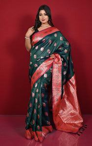 Traditional Nakshi Motif Work Softy Katan Silk Sari in Pthalo Green and Red