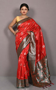 Traditional Nakshi Motif Work Softy Katan Silk Sari in Tomato Red and Deep Bottle Green