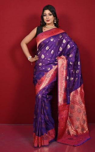 Traditional Nakshi Motif Work Softy Katan Silk Sari in Purple and Red