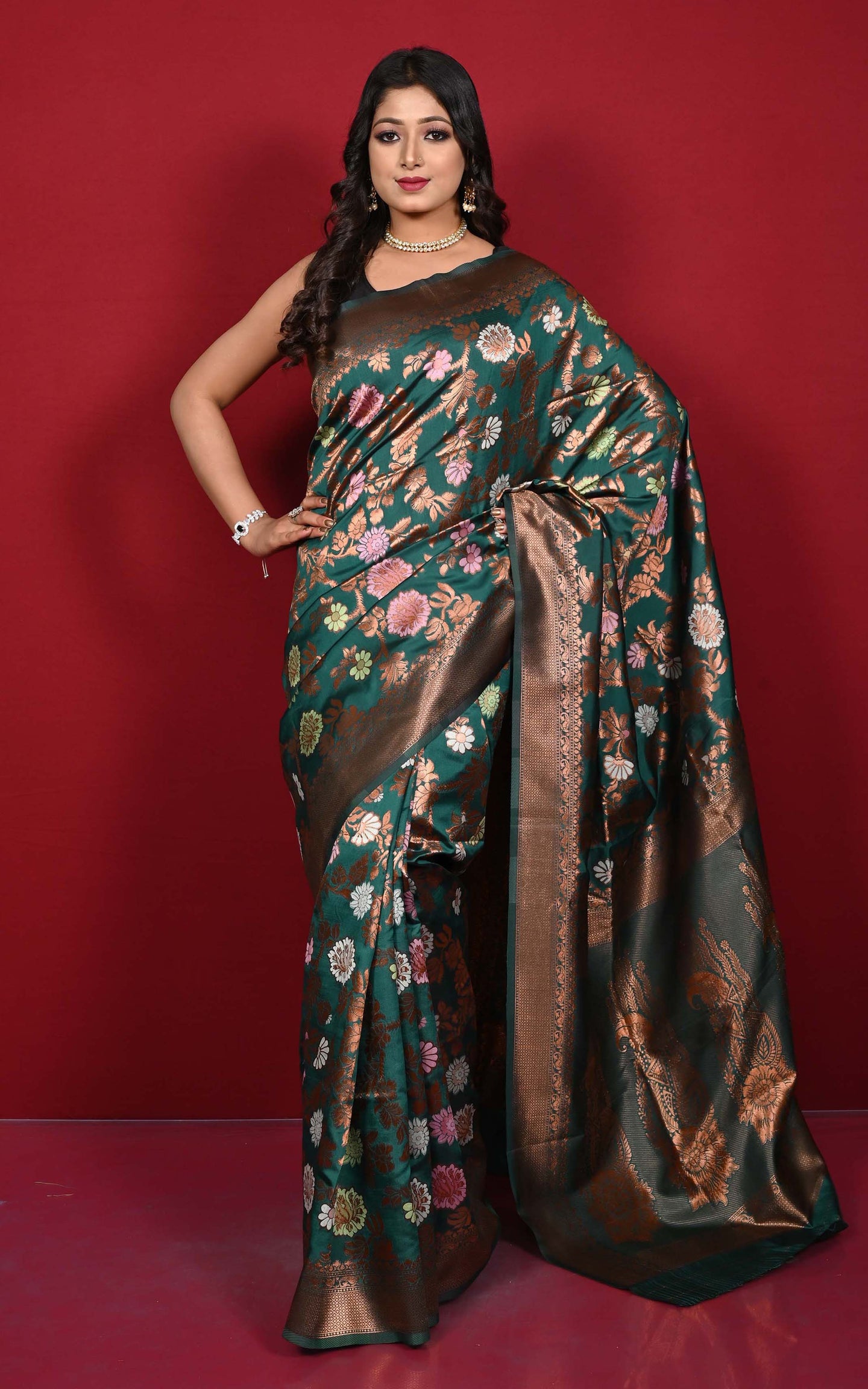 Traditional Jaal Minakari Nakshi Motif Work Softy Katan Silk Sari in Kaitoke Green, Antique Golden and Multicolored