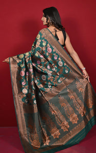 Traditional Jaal Minakari Nakshi Motif Work Softy Katan Silk Sari in Kaitoke Green, Antique Golden and Multicolored