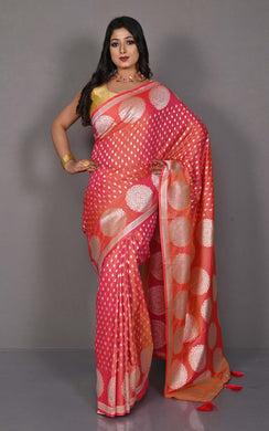 Traditional Hazar Butti and Chakram Border Nakshi Motif Work Softy Katan Silk Sari in Peach and Matt Silver